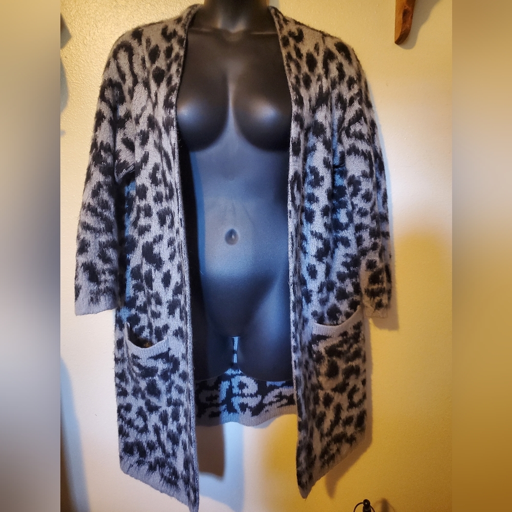 Grey and black leopard print long cardigan